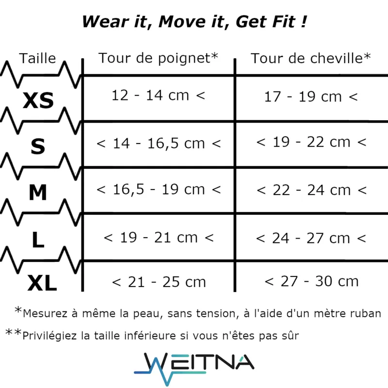 grille des tailles bracelets lestés discrets weitna - faire du sport au quotidien - exercices séniors sur chaise